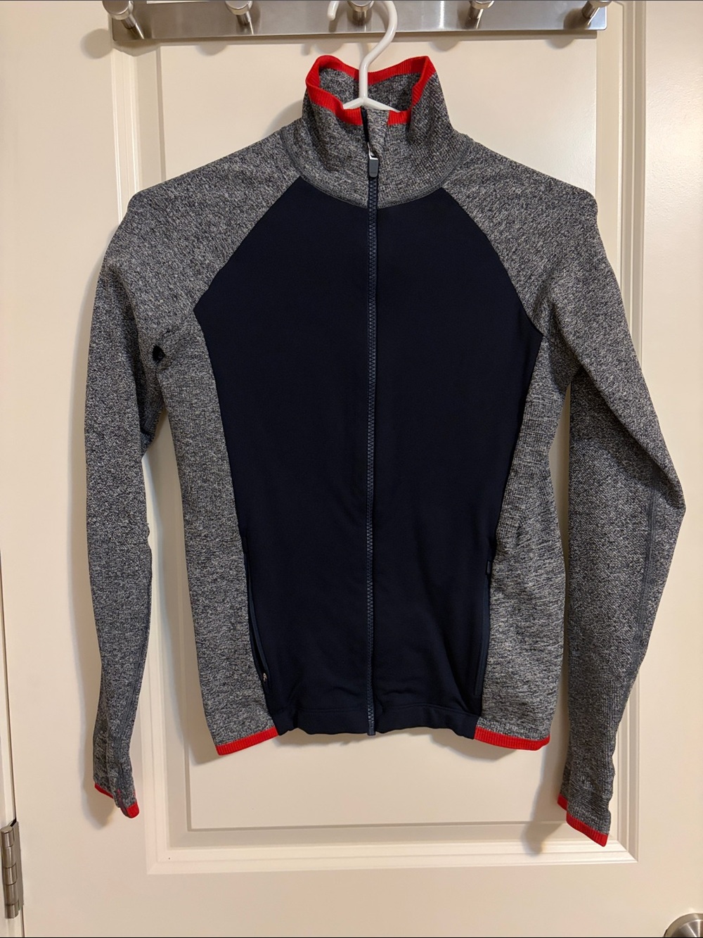 Athleta Women's Navy & Gray Full-Zip Sweater Jacket with Red Trim